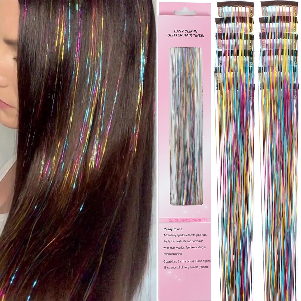 12 Pcs Clip in Hair Glitter Fairy Tinsel Hair Extensions