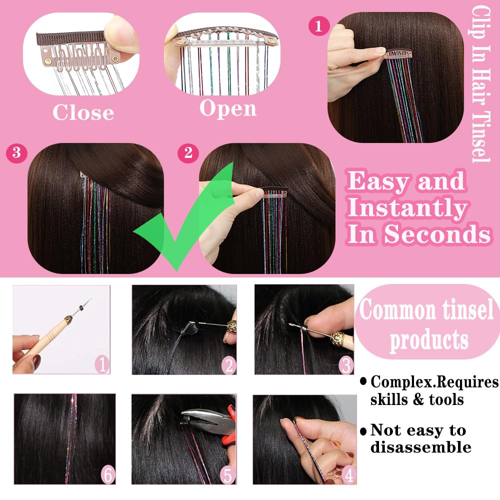 12 Pcs Clip in Hair Glitter Fairy Tinsel Hair Extensions