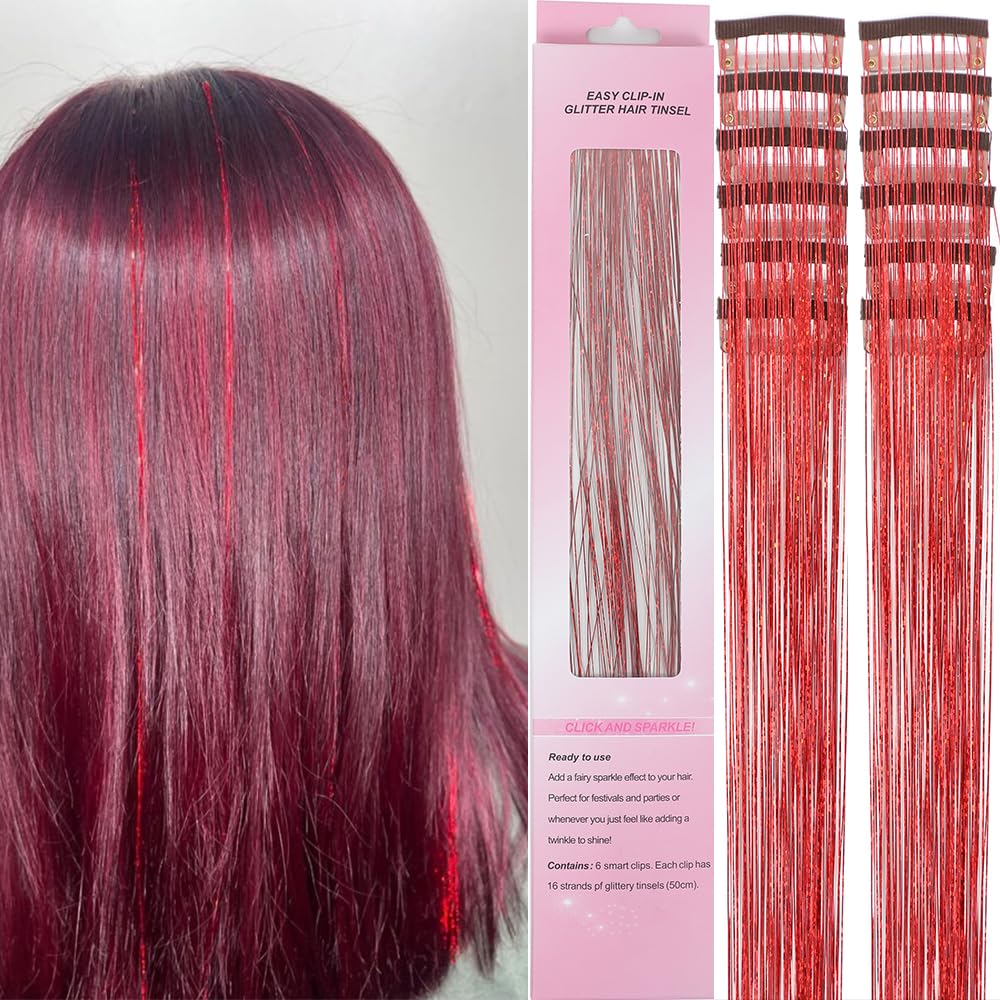 12 Pcs Clip in Hair Glitter Fairy Tinsel Hair Extensions