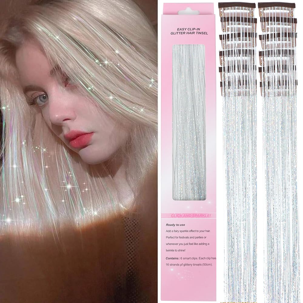 12 Pcs Clip in Hair Glitter Fairy Tinsel Hair Extensions
