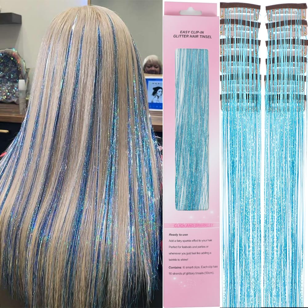 12 Pcs Clip in Hair Glitter Fairy Tinsel Hair Extensions
