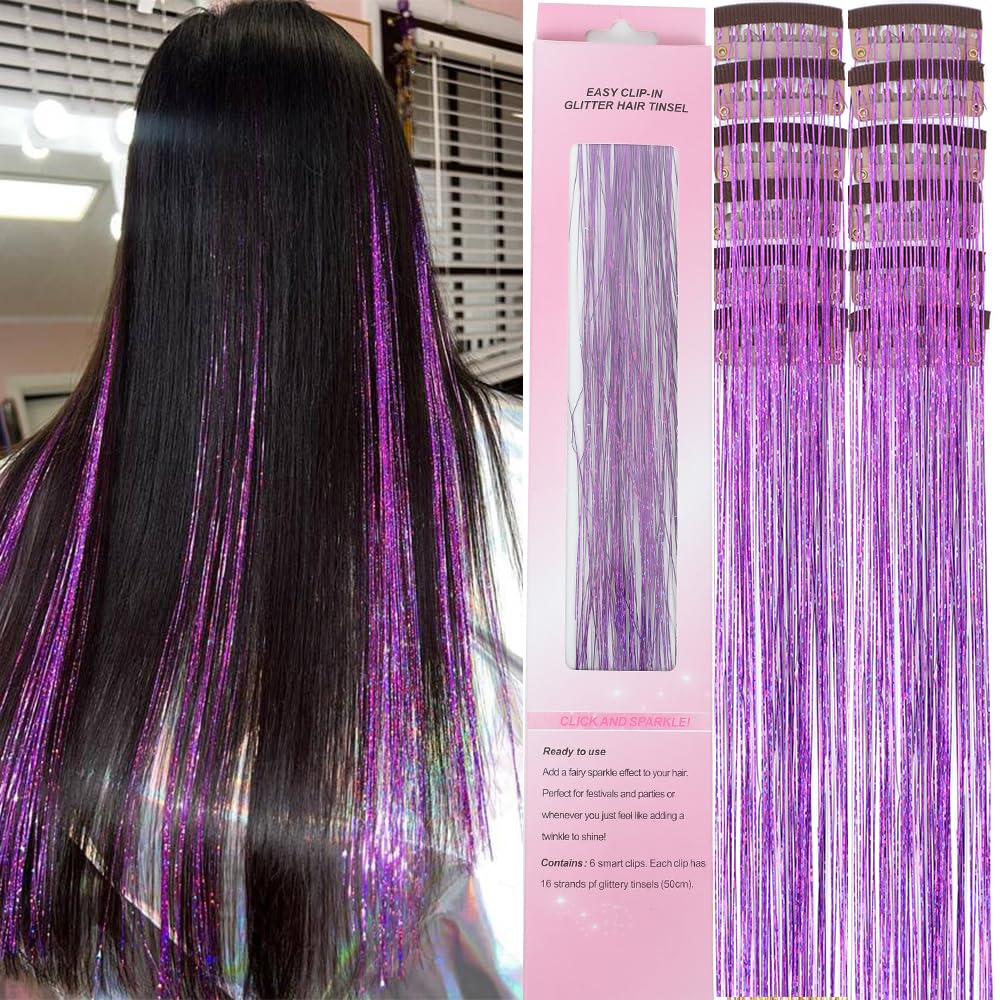 12 Pcs Clip in Hair Glitter Fairy Tinsel Hair Extensions
