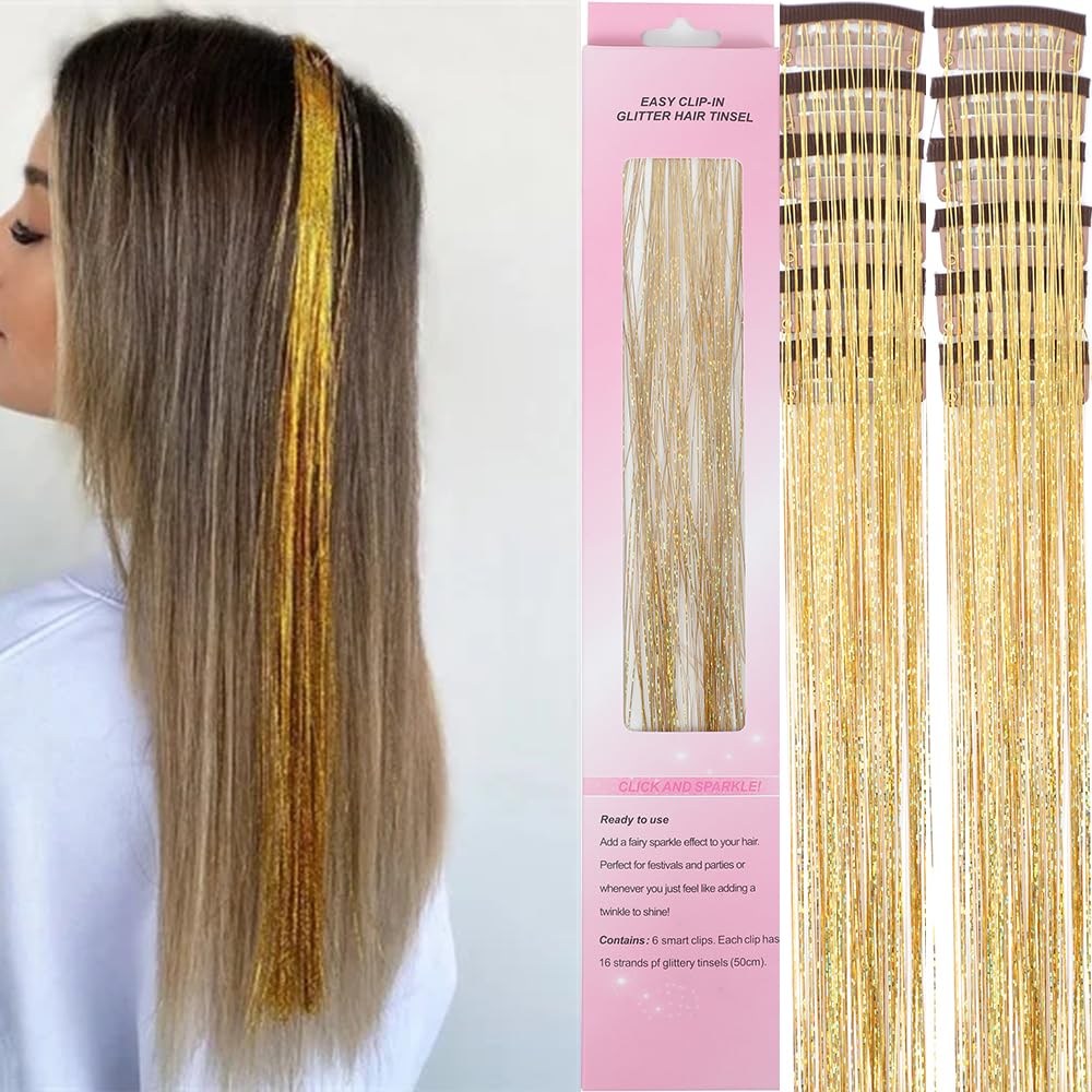 12 Pcs Clip in Hair Glitter Fairy Tinsel Hair Extensions