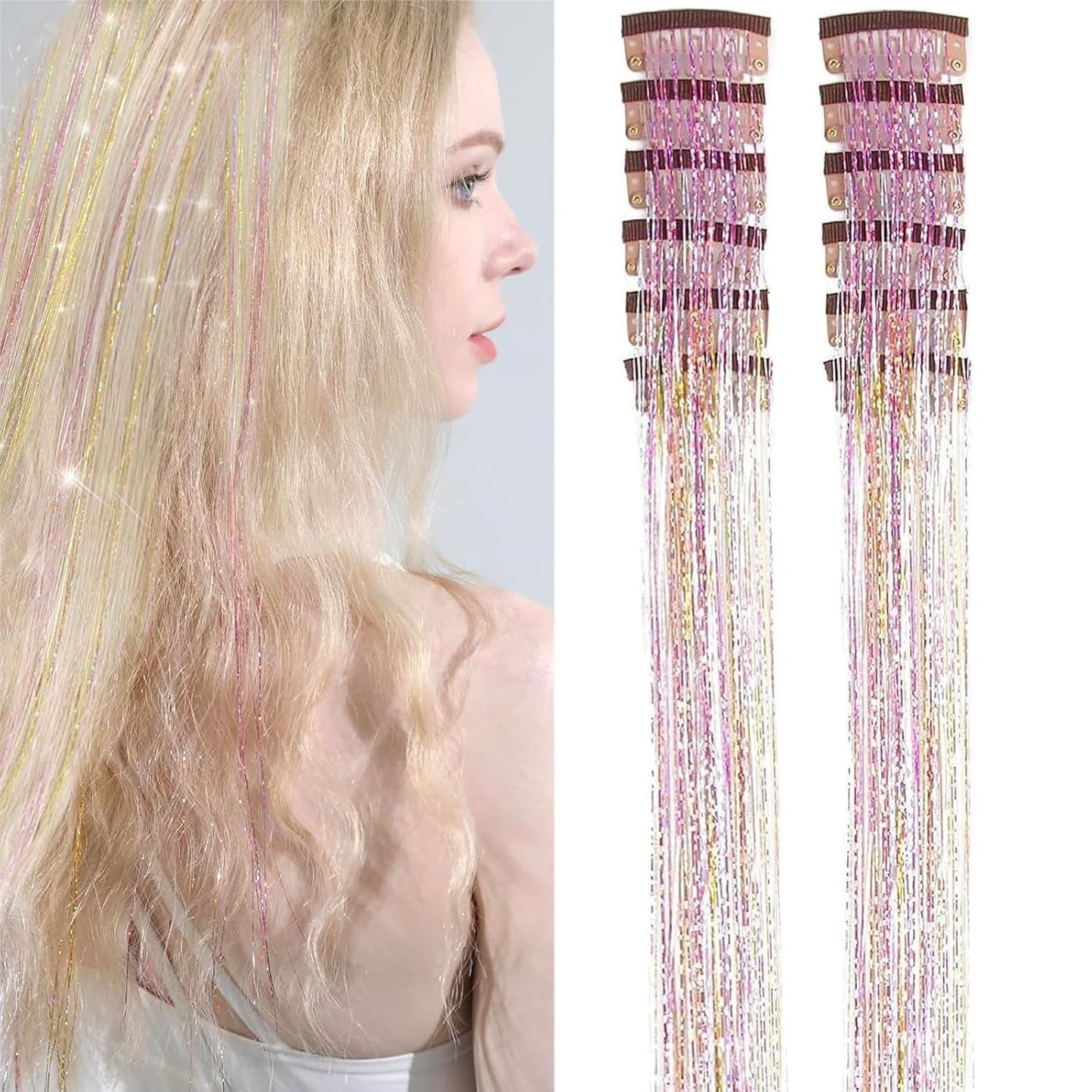 12 Pcs Clip in Hair Glitter Fairy Tinsel Hair Extensions