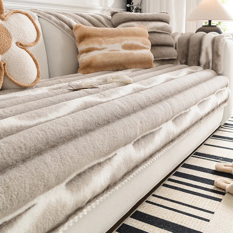 Trendy Gradient Colour Stripe Plush Sofa Cover